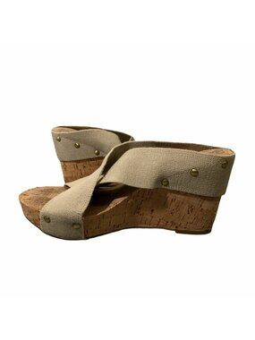Lucky Brand Cork Wedge Womens 8.5 M Slip Ons Straps Beige Miller 2 Mules
